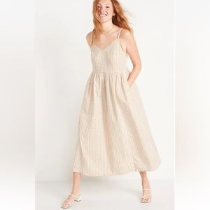 Old Navy Tan White Gingham Cotton Poplin V Neck Maxi Cami Dress L